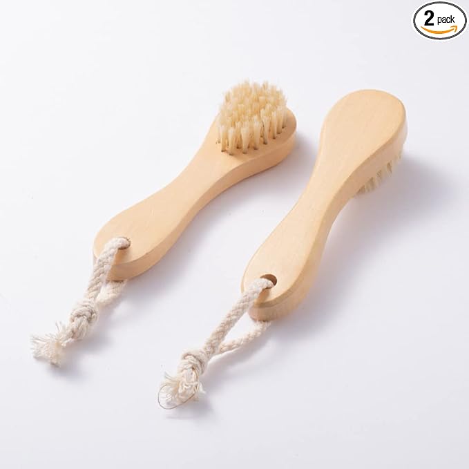 2 Pack Wood Handle Manual Face Facial Cleansing Brush, 5.7” Natural Boar by HiKin