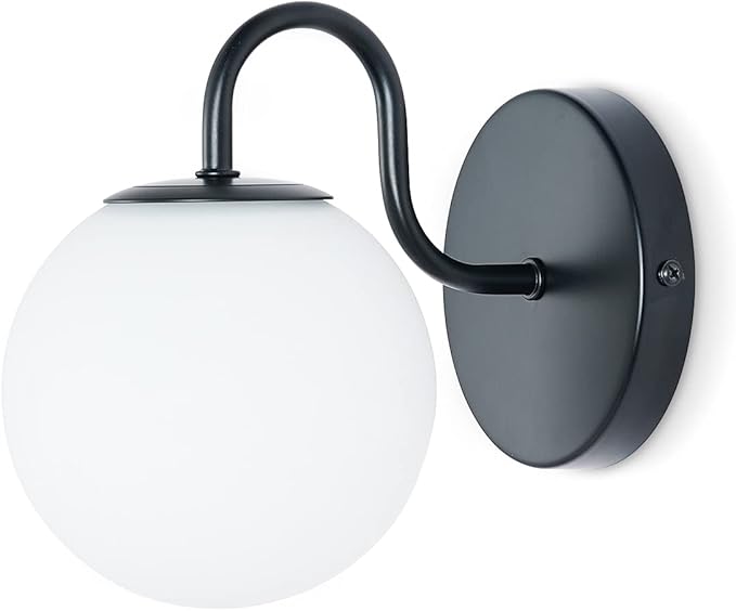 Industrial Bedroom Wall Sconce Black Indoor Wall Light Fixture Milk White Globe by ZHUOERLighting