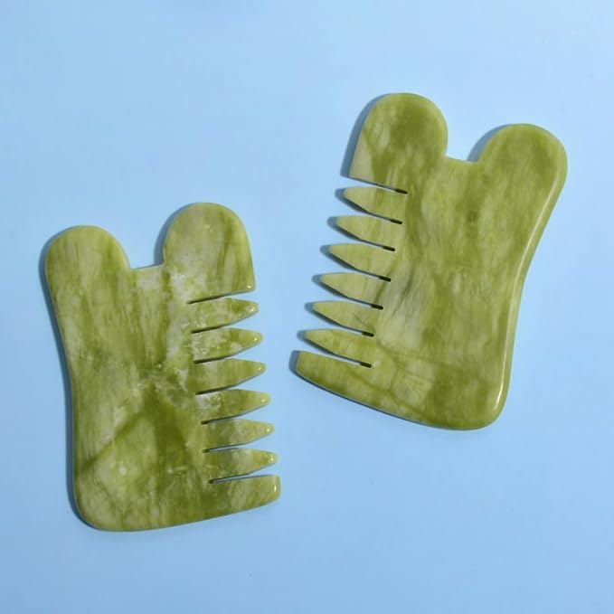 Gua Sha Comb Tool, Natural Green Jade Stone Scalp Massage Comb, Facial GuaSha - Image 2