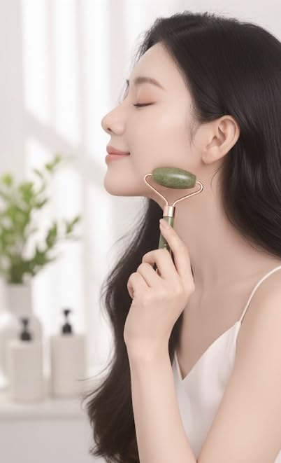 Green Jade Natural Stone Curved Facial Roller & Guasha Set - Image 2