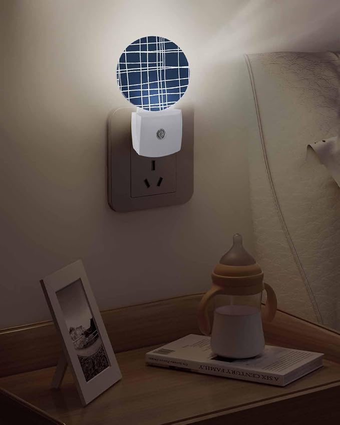 Night Lights Auto Sensor Navy Blue Checked Plaid Night Light Minimalist Grid - Image 5