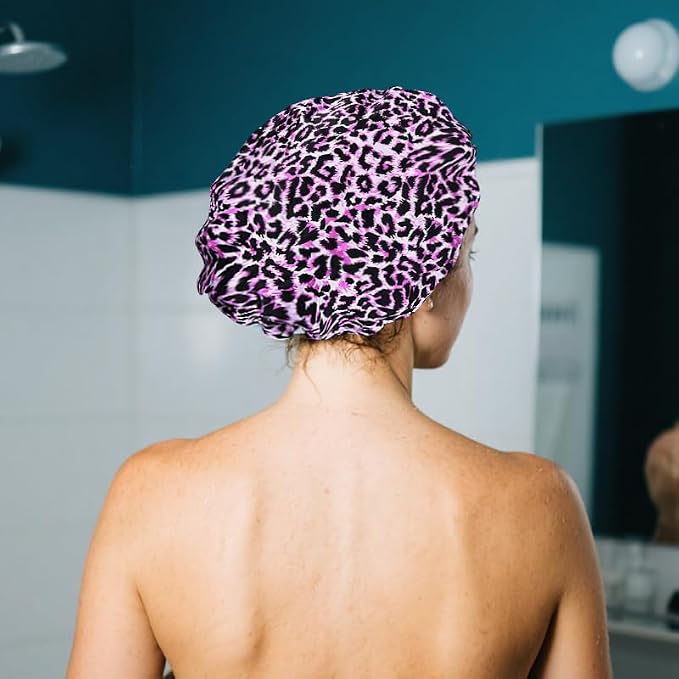 Womens Pink Leopard Print Shower Caps - Image 5