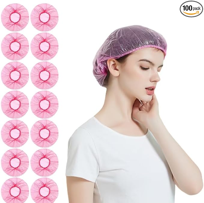 100Pcs Pink Disposable Elastic Plastic Shower Caps, Shower Caps by Jinshining