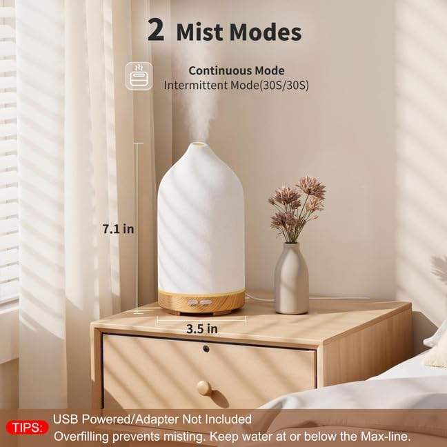 URPOWER 120ML Ceramic Essential Oil Diffuser, Ultrasonic Aromatherapy Diffuser - Image 2