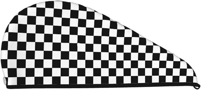 Black and White Checkerboard Hair Towel Wrap Microfiber Fast Drying Hair Turban - Image 2