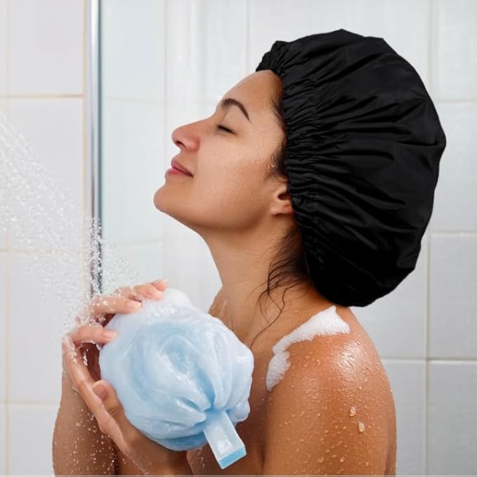 Reusable Shower Cap for Women, Large Waterproof Shower Bonnet Washable Elastic - Image 5