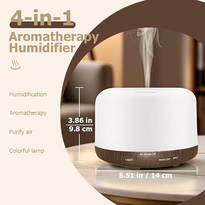 500ml Essential Oil Diffuser, Quiet 4-in-1 Ultrasonic Aromatherapy Humidifier - Image 2