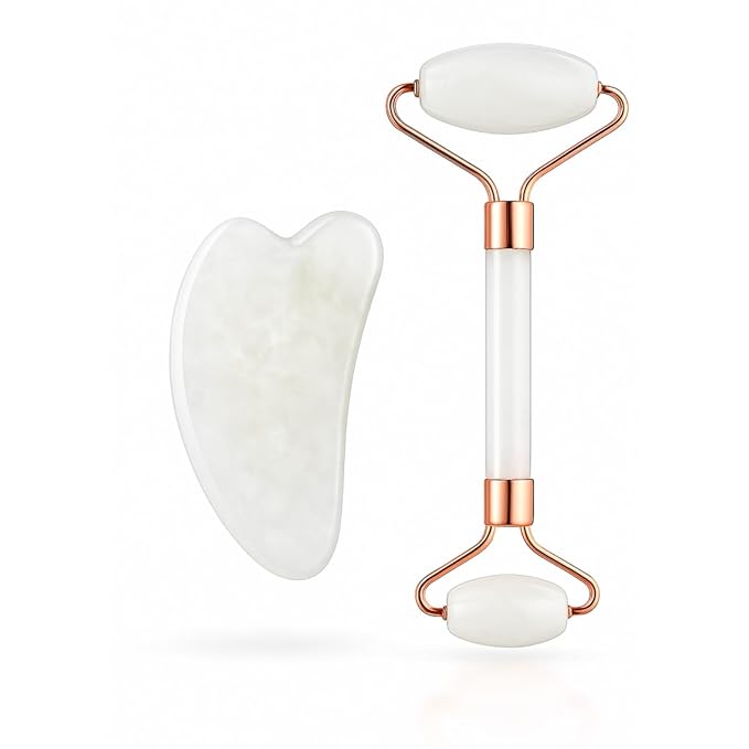 White Jade Roller & Gua Sha Facial Tools Set – Natural White Stone Face Roller by Diryi