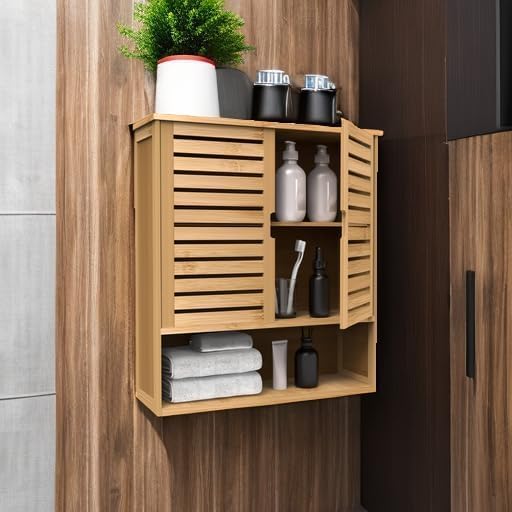 Bathroom Wall Cabinet, Bamboo Storage Cabinet Wall Mounted, Wall Hanging Cabinet - Image 2
