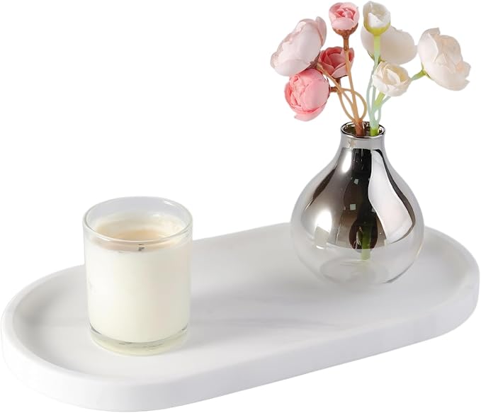Koville 12"x6" Elegant White Marble Bathroom Tray, Natural Marble Vanity Trays by Koville