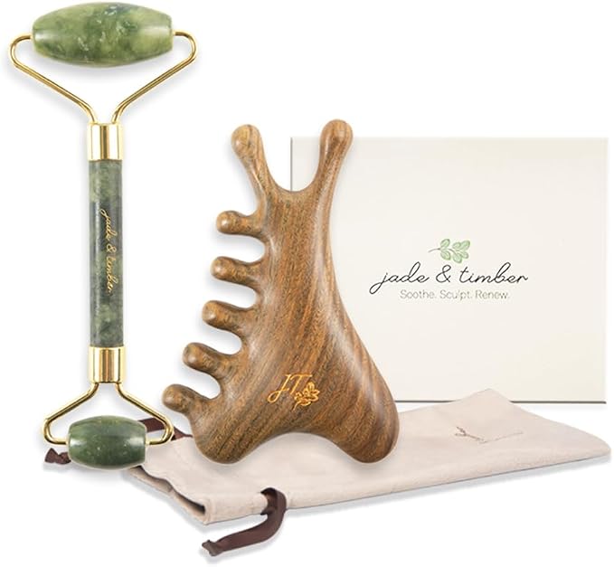 jade & timber Jade Roller & Green Sandalwood Gua Sha Set – Facial & Body by Unknown