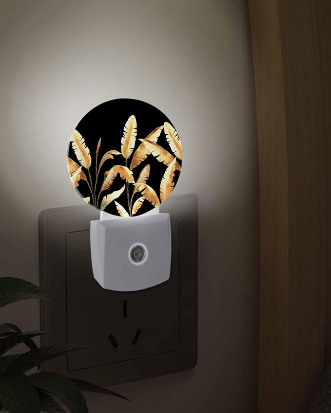 Night Lights Auto Sensor Golden Foliage Night Light Black Minimalist Leaf Round - Image 3