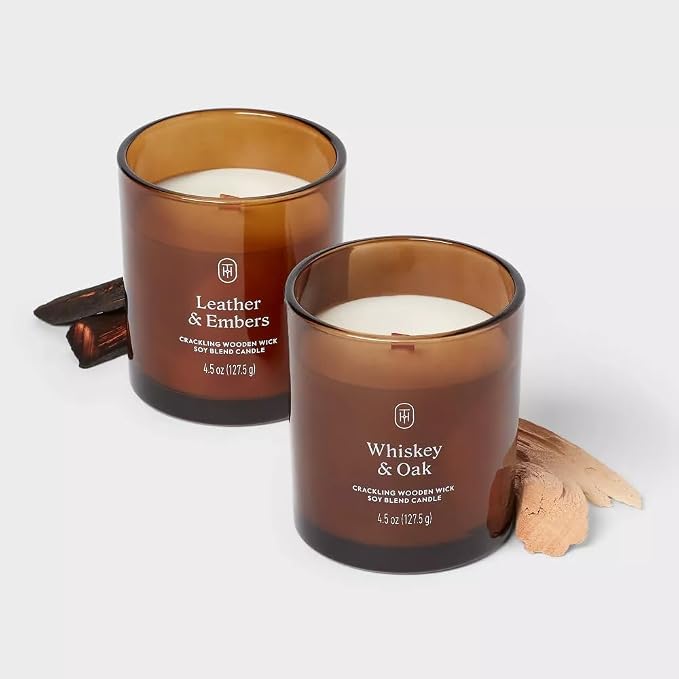 Threshold Leather & Embers and Whiskey & Oak Scented Amber Glass Jar Candles - Image 3