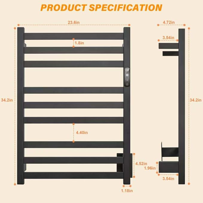 9-Bar Towel Warmer, Wall-Mounted Electric Heated Rack - Image 5