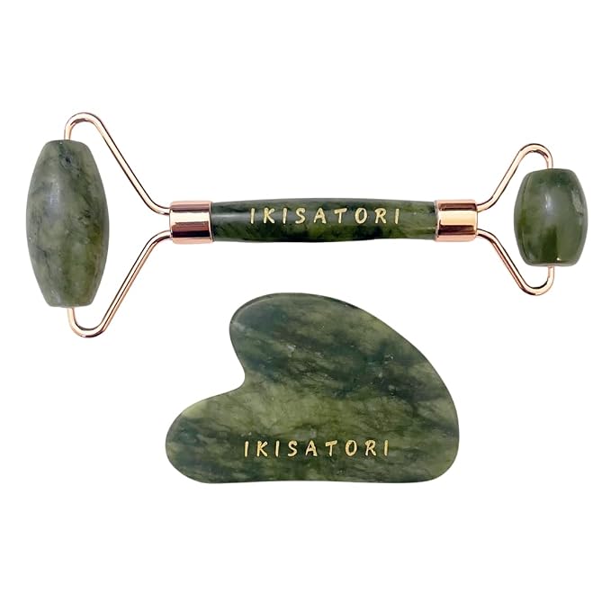 Green Jade Natural Stone Curved Facial Roller & Guasha Set by Unknown