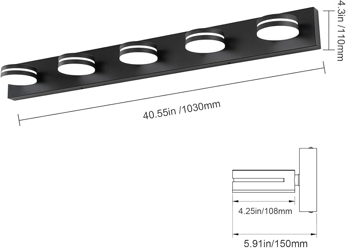 5 Light Bathroom Vanity Light, 30W LED Black Bathroom Light Fixtures Over Mirror - Image 5