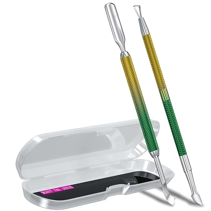 2PCS Metal Yellow-Green Gradient Cuticle Pusher and Cutter Remover Salon by GA%26EN