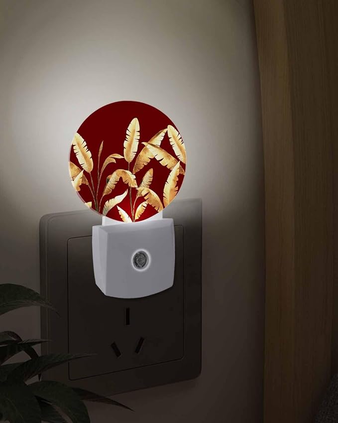 Night Lights Auto Sensor Golden Foliage Night Light Red Minimalist Leaf Round - Image 3