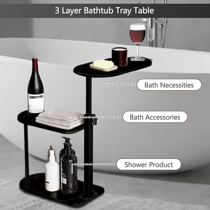3 Layer Bathtub Tray Table, Bamboo Swivel Bathtub Side Table Height Adjustable - Image 5