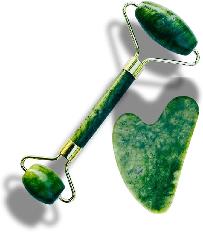 Premium Jade Roller with Gua Sha Set, Natural Green Jade Stone, Face Massage by Unknown