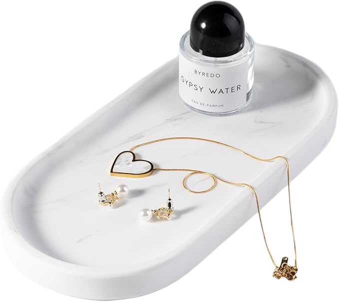 Koville White Marble Oval Tray for Bathroom Countertop, Stone Perfume Organizer by Koville