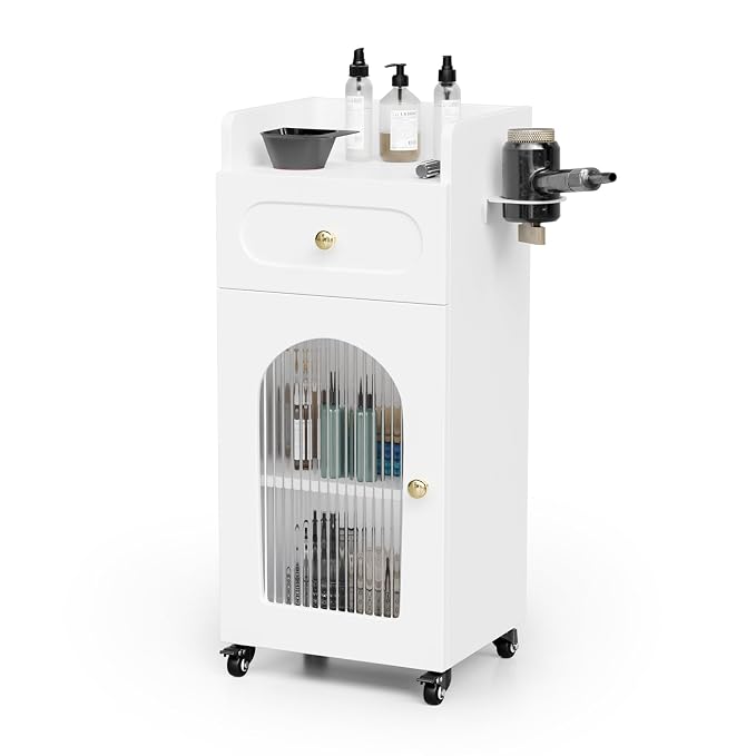 OmySalon Salon Cart with Wheels, 3-Tier Rolling Beauty Cart with Glass Door & by OmySalon