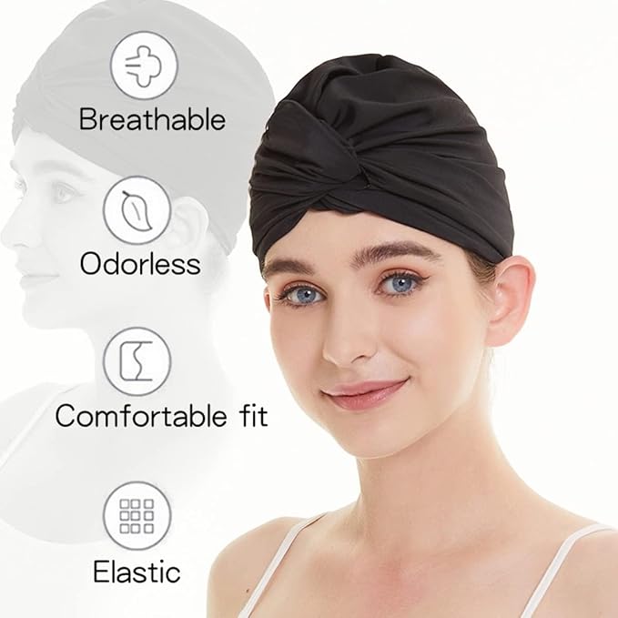 Pleated Fabric Swimming Cap Women Ladies Long Hair Swim Cap Ear Protecting - Image 3