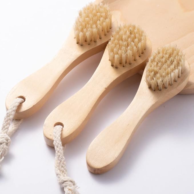 2 Pack Wood Handle Manual Face Facial Cleansing Brush, 5.7” Natural Boar - Image 3