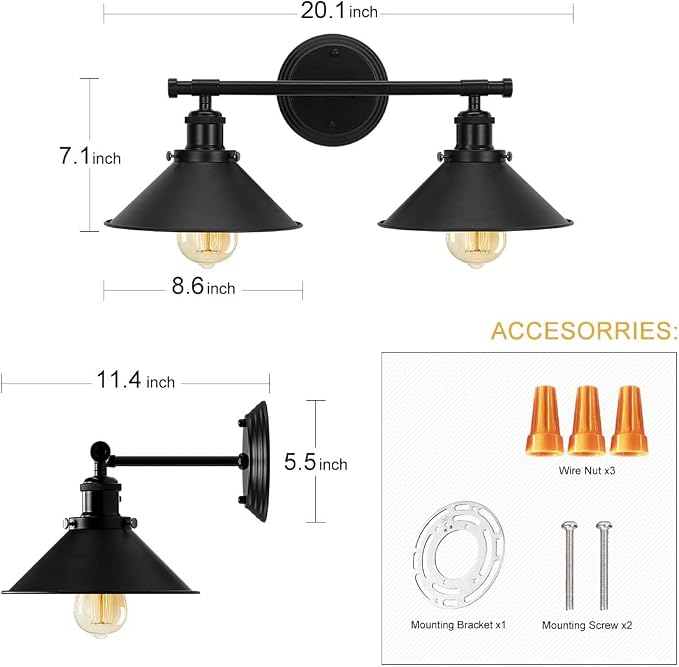 Bathroom Light Fixtures 2-Light Matte Black Farmhouse Vanity Lights - Image 7