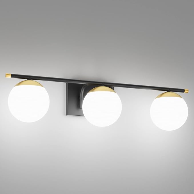 Ralbay Black and Gold Bathroom Lights 3-Light Mid Century Modern Milky Glass by RalbayLighting