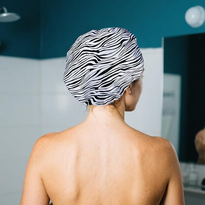Vintage Zebra Print Shower Cap for Women Reusable Waterproof Large Adjustable - Image 5