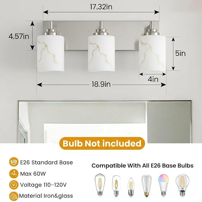 3-Light Bathroom Light Fixture, Brushed Nickel Modern Vanity Light - Image 5