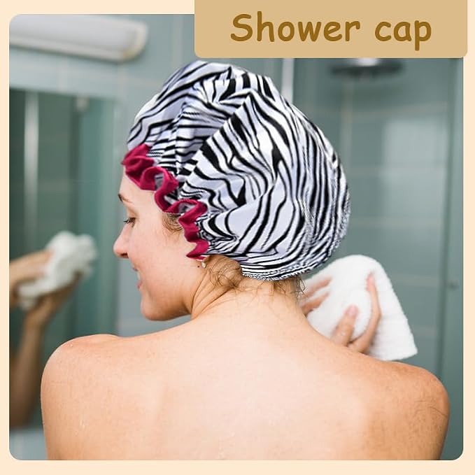 Vintage Zebra Print Shower Cap for Women Reusable Waterproof Large Adjustable - Image 4