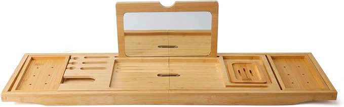 Bathtub Tray Table with Mirror and Bath Pillow, Expandable and Foldable Bamboo - Image 6