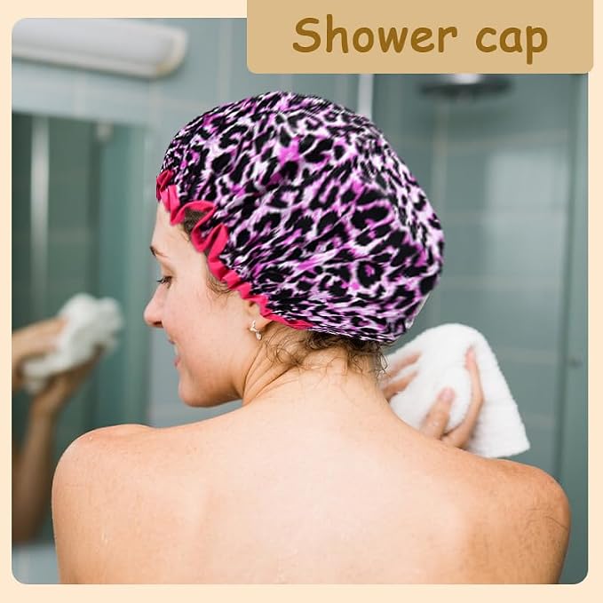 Womens Pink Leopard Print Shower Caps - Image 4