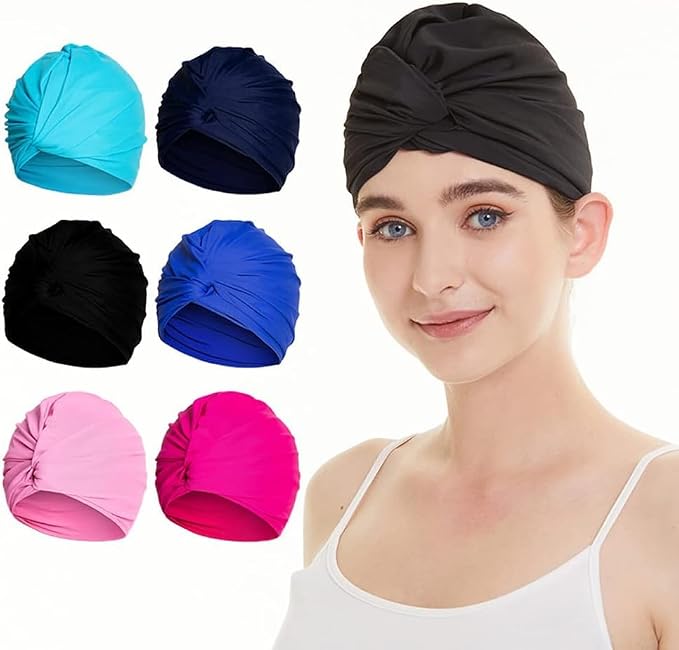 Pleated Fabric Swimming Cap Women Ladies Long Hair Swim Cap Ear Protecting - Image 3