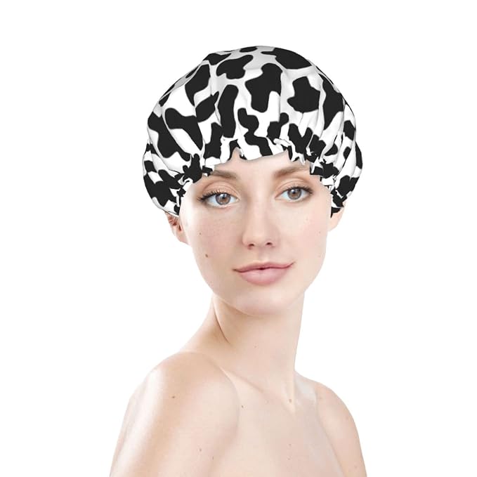 Black And White Cow Skin Abstract Animal Farm Shower Cap - Image 3