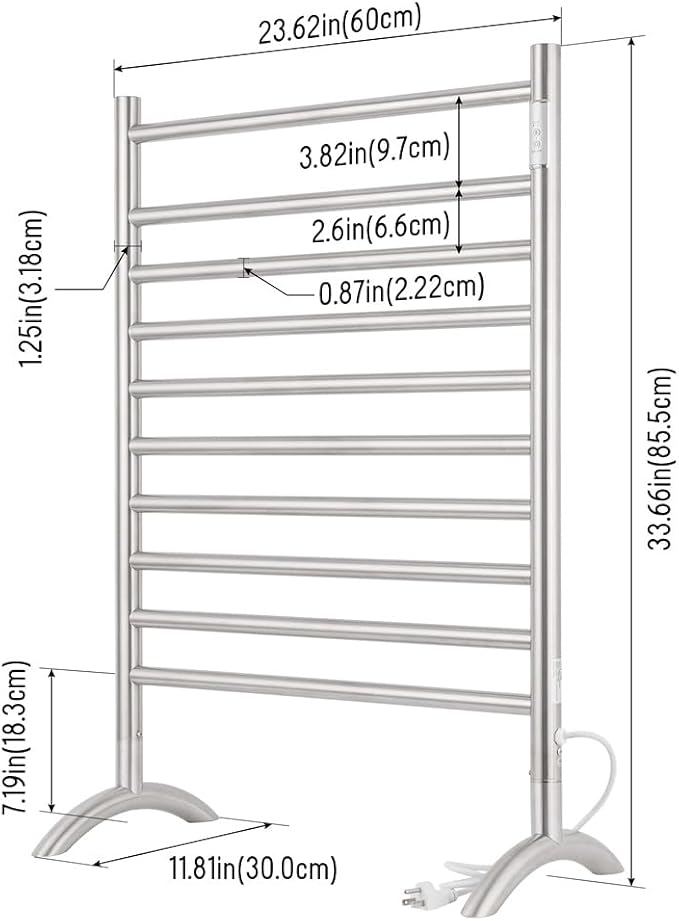 Freestanding Towel Warmer 10 Bars Plug-in Option 3 Working Modes Brushed - Image 7