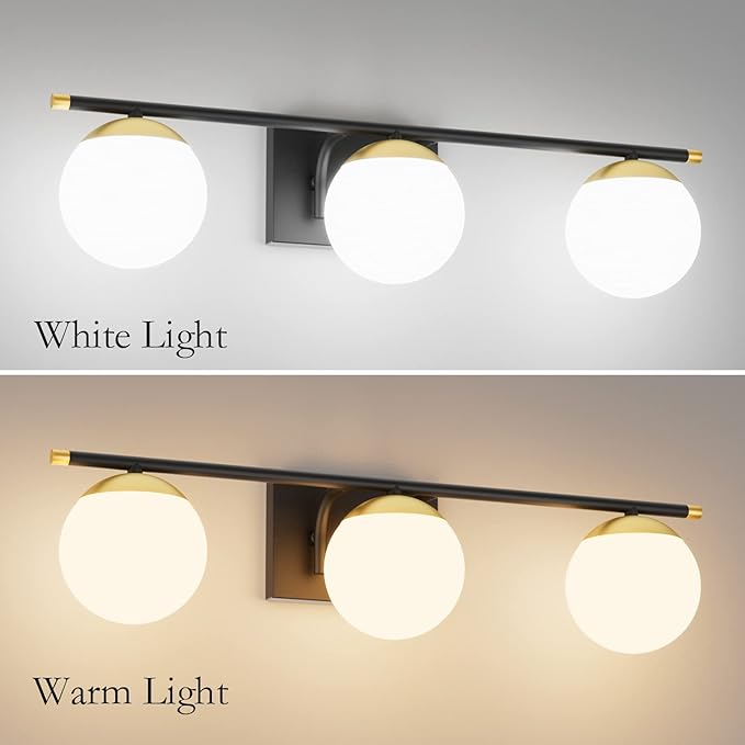 Ralbay Black and Gold Bathroom Lights 3-Light Mid Century Modern Milky Glass - Image 4