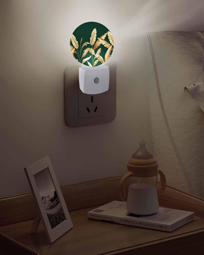Night Lights Auto Sensor Golden Foliage Night Light Green Minimalist Leaf Round - Image 5