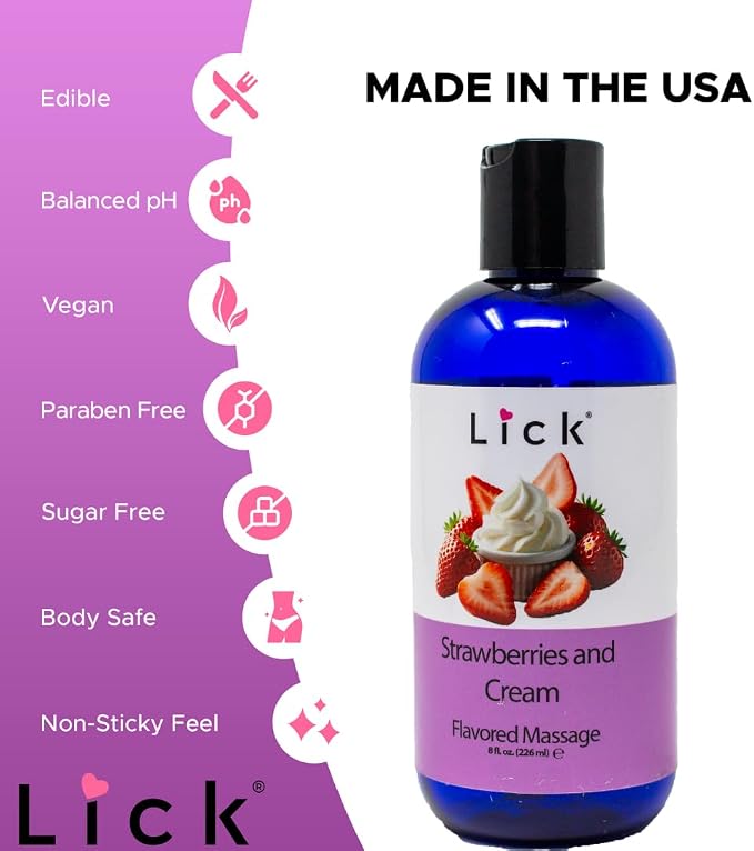 Lick Strawberries and Cream Flavored Massage Oil – 8 oz Edible Body Oil - Image 5