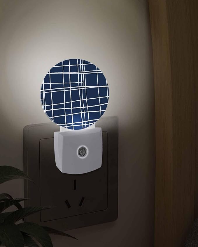 Night Lights Auto Sensor Navy Blue Checked Plaid Night Light Minimalist Grid - Image 3