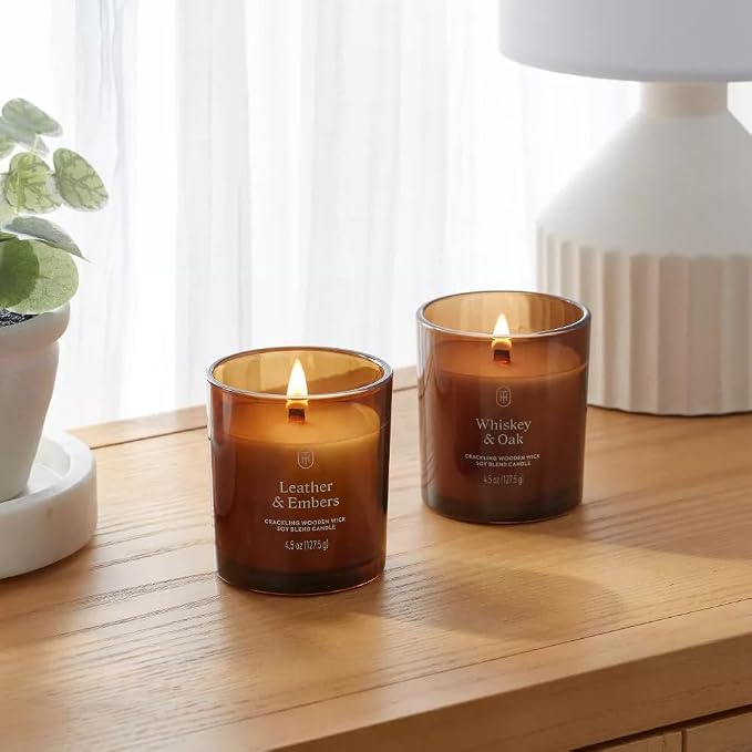 Threshold Leather & Embers and Whiskey & Oak Scented Amber Glass Jar Candles - Image 2