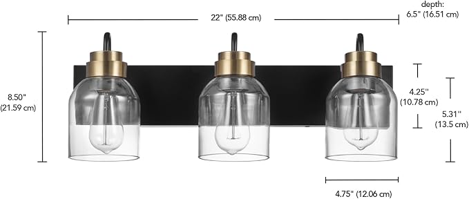 Globe Electric 63000200 22" 3-Light Vanity Light, Matte Black, Matte Brass - Image 8