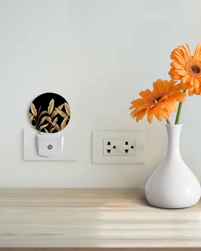 Night Lights Auto Sensor Golden Foliage Night Light Black Minimalist Leaf Round - Image 4