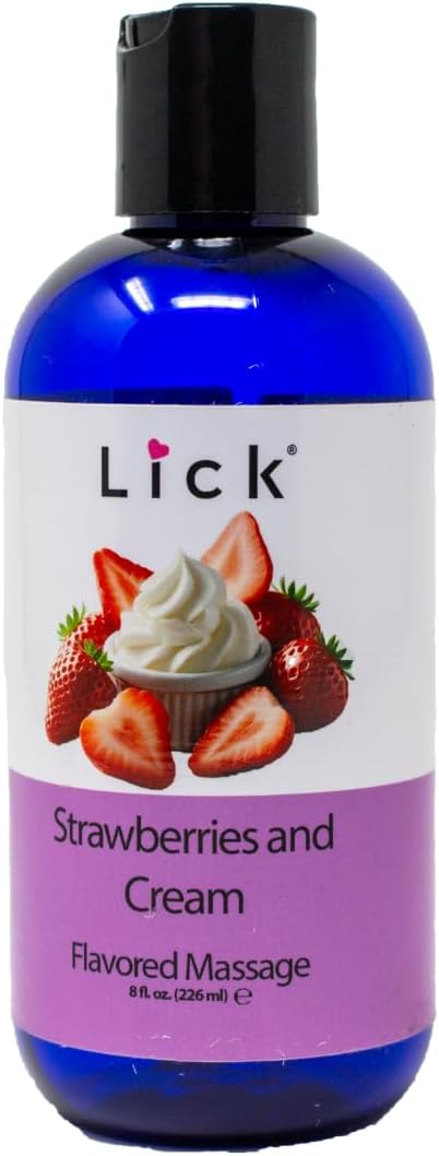Lick Strawberries and Cream Flavored Massage Oil – 8 oz Edible Body Oil by Lick