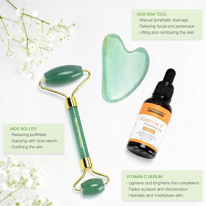 NEUTRIHERBS Jade Gua Sha & Face Roller & Vitamin C Serum Facial Tool Set - Image 9