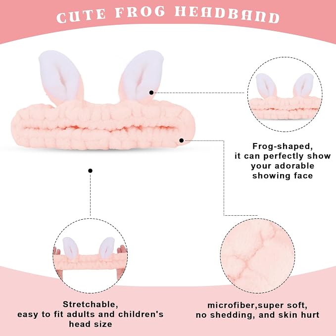Jowmoy Cute Light Pink Rabbit Ears Headband Frog Eye Elastic to Wash Face - Image 3