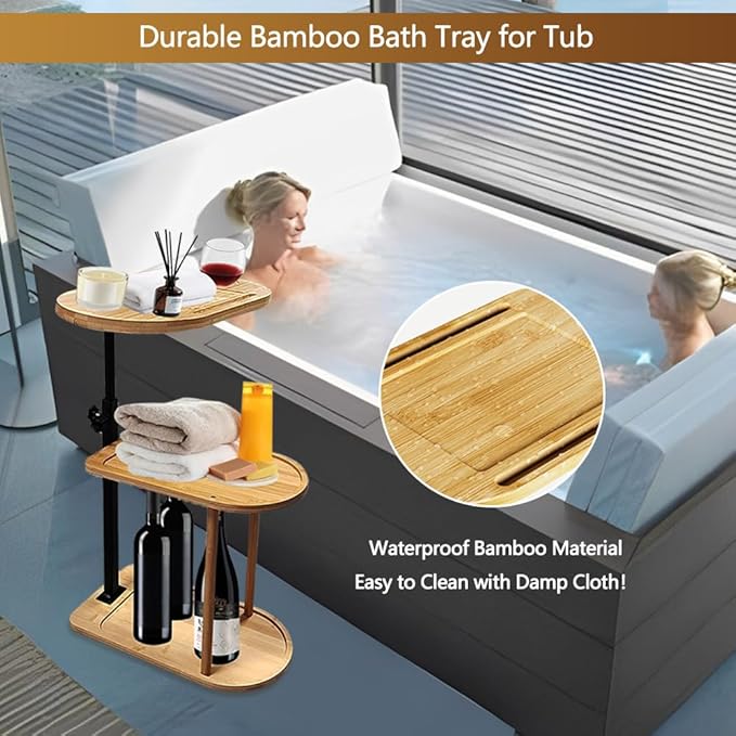 3 Layer Bathtub Tray Table, Bamboo Swivel Bathtub Side Table Height Adjustable - Image 2