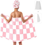 Checkered Bath Wrap Set with Hair Turban, Spa Towel Wrap, Towel Robe - Image 2